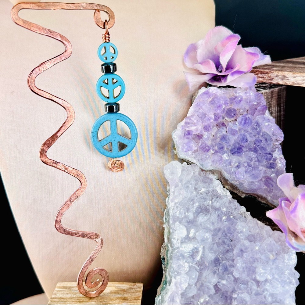 Cool Metal Bookmark featuring Hand-Hammered Copper & Peace Signs Charms Detail